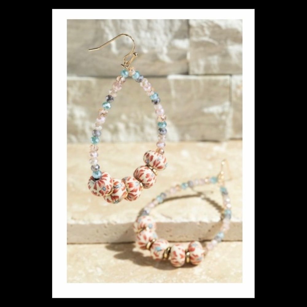 New! Multicolored and floral pattern beaded teardrop earrings